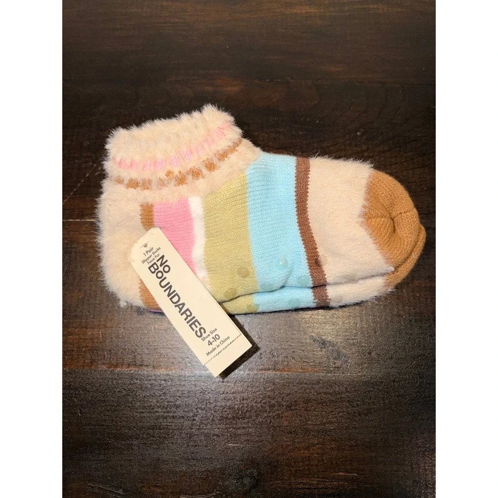No Boundaries Womens Faux Fur Lined‎ Slipper Socks Striped Beige Multi Size 4-10